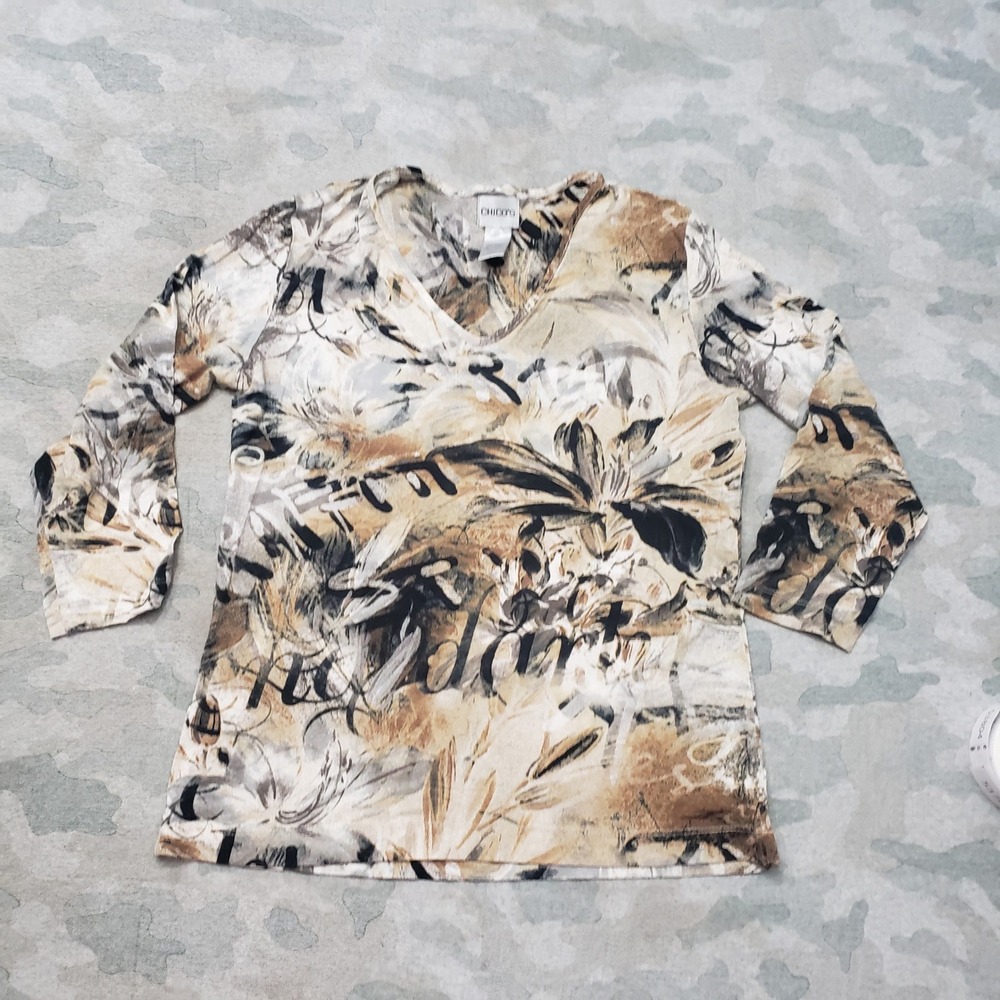 Chico's Top Womens Small Tan Abstract Floral V-Neck Long Sleeve